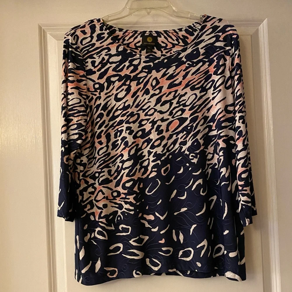 JM Collection Animal Print Blouse - Pink and Navy Blue Size PL - Picture 2 of 5